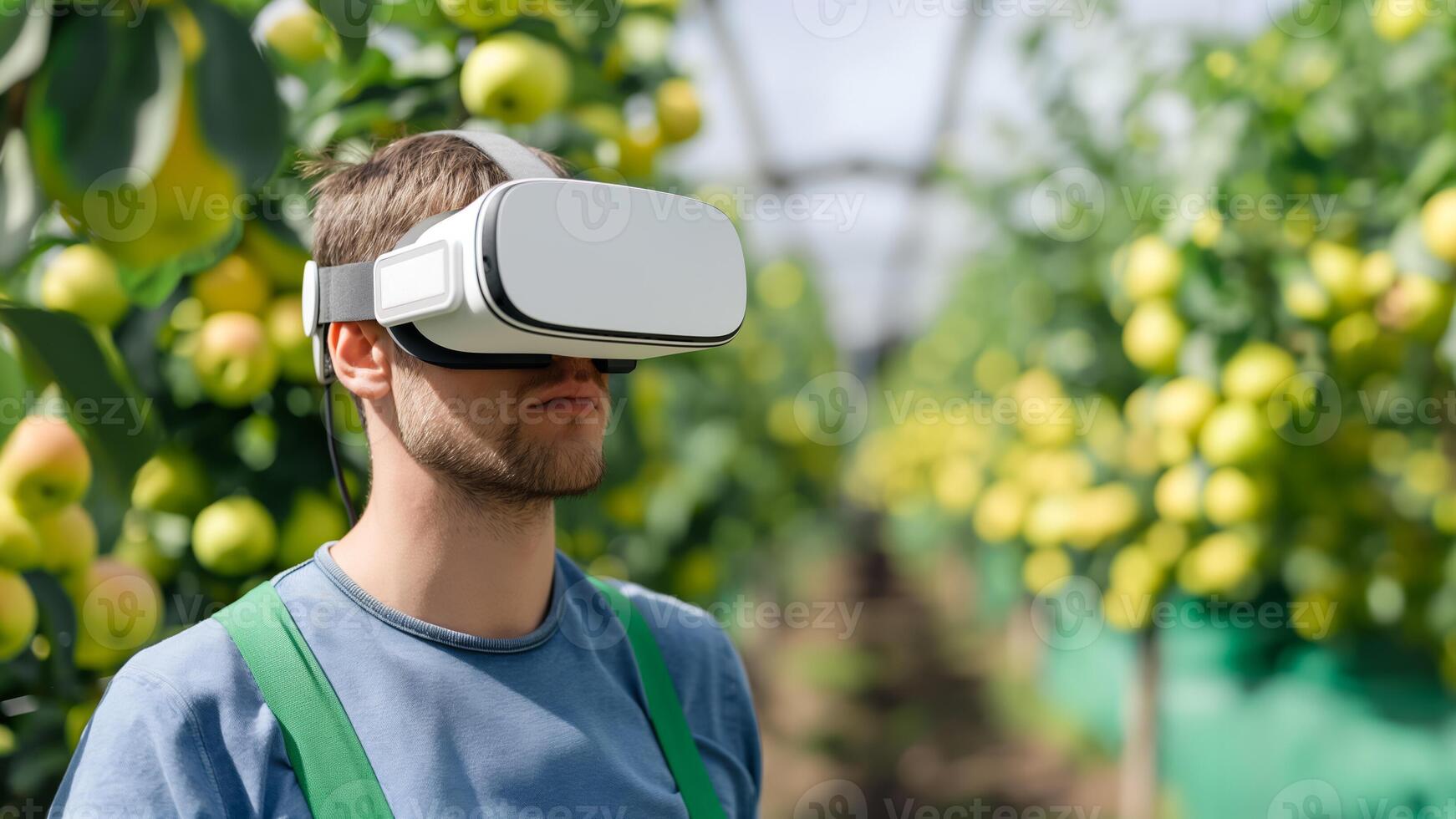 Young farmer with virtual reality headset interacting with AI driven farm management software in a sunny orchard photo