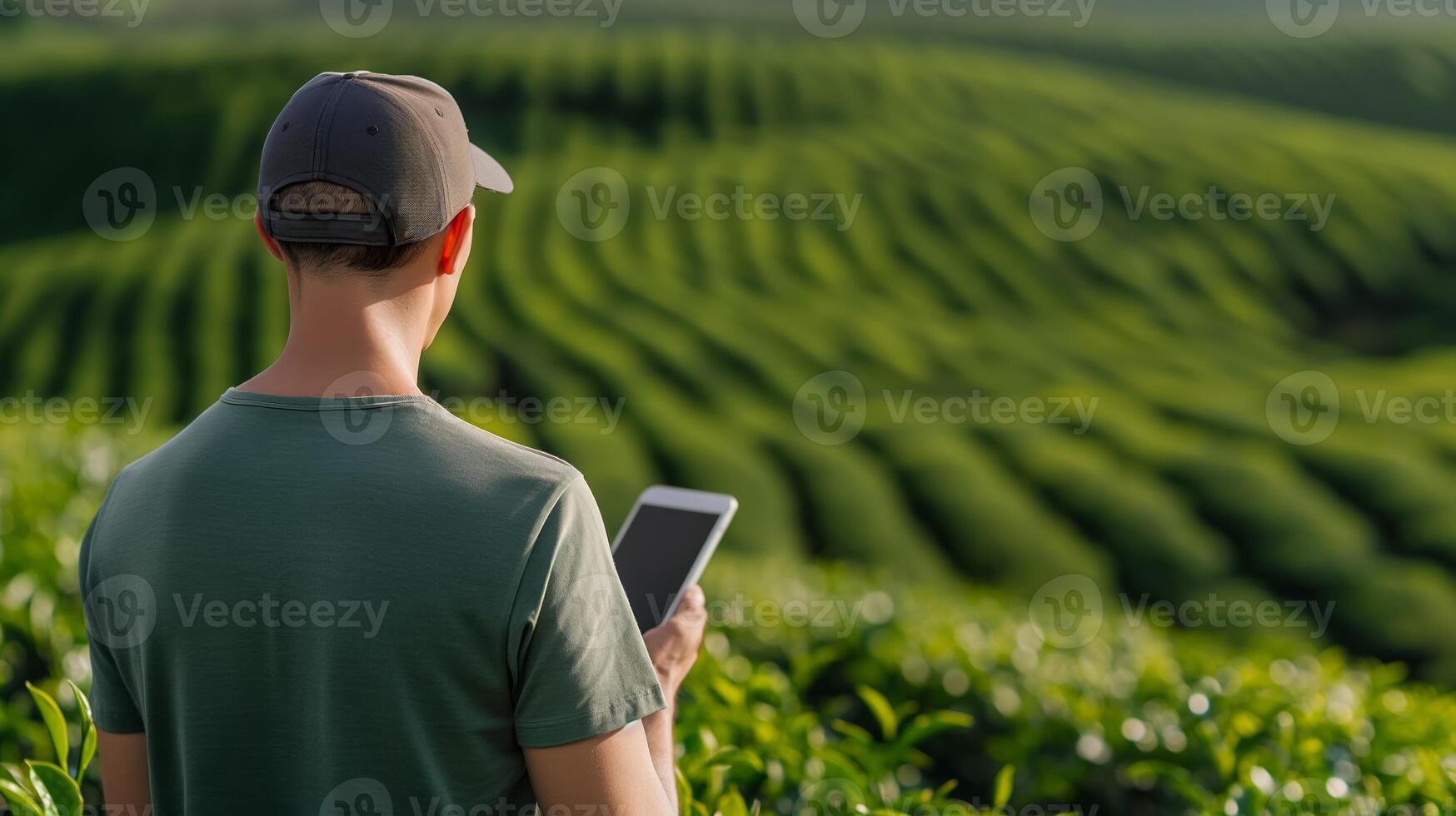Young farmer using AI enhanced analytics for irrigation optimization in a lush green tea plantation photo