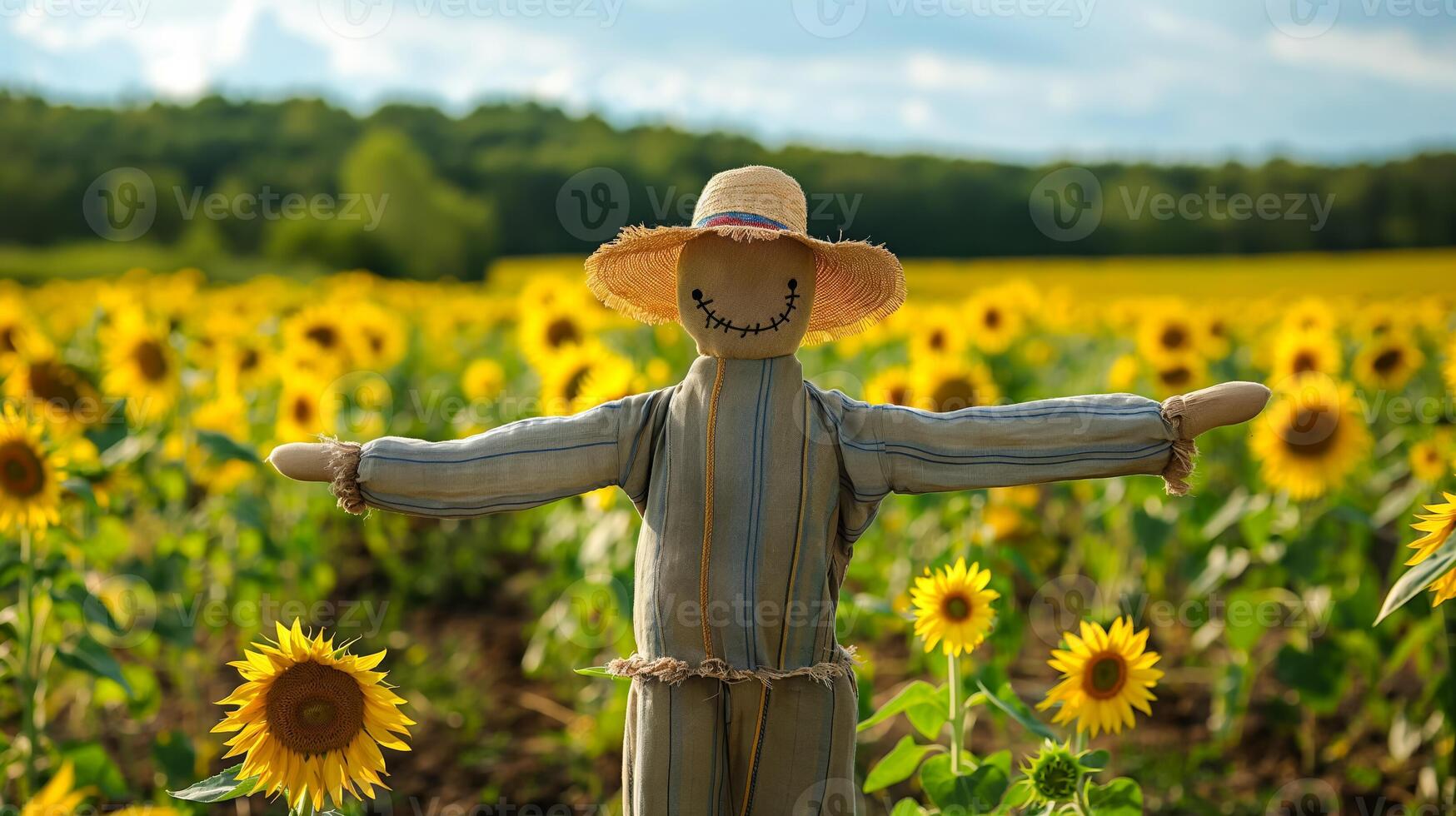 A scarecrow standing tall amidst a sunflower field, embodying traditional harvest season charm and rural life photo