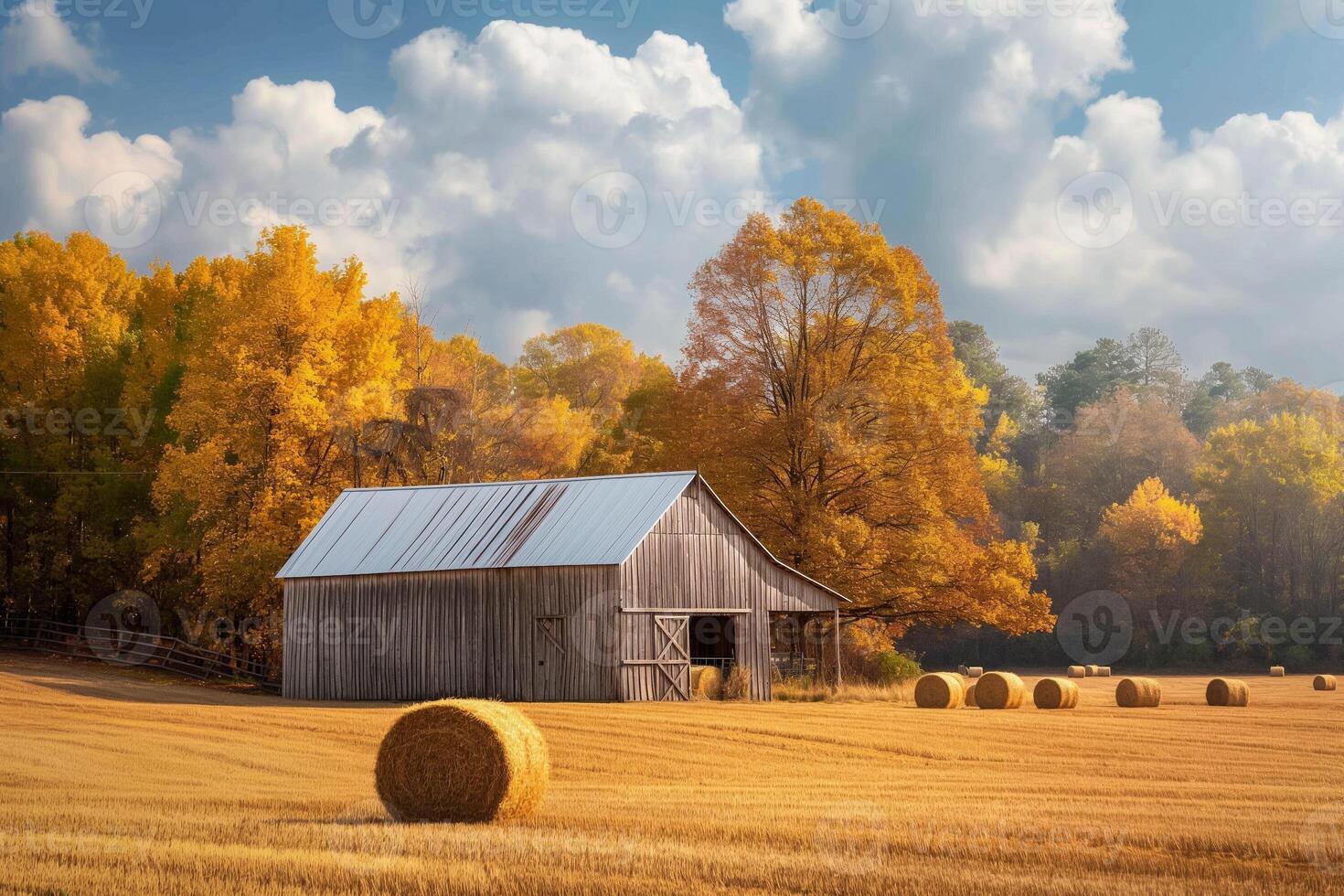 A rustic barn surrounded by golden hay bales, representing the quintessential harvest season in the countryside photo
