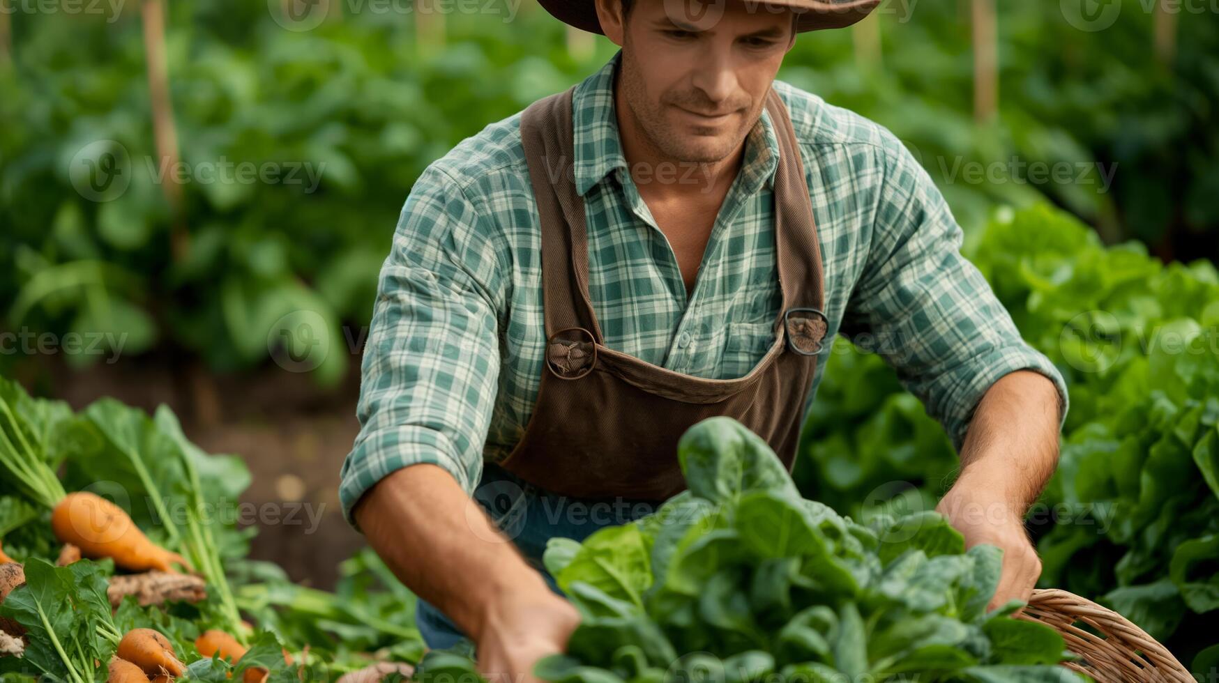 Horticulturist collecting assorted root vegetables in a scenic garden during the prosperous autumn harvest period photo