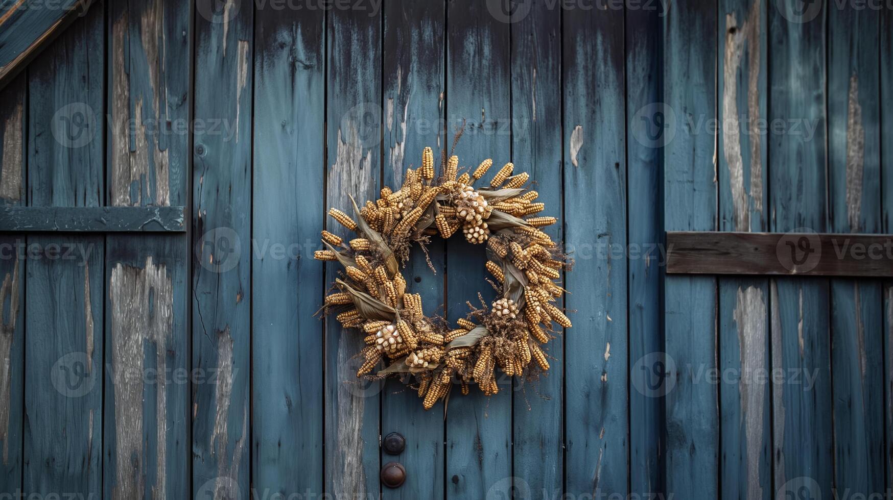 A barn door adorned with a wreath made of dried corncobs, symbolizing the rustic charm of harvest season photo