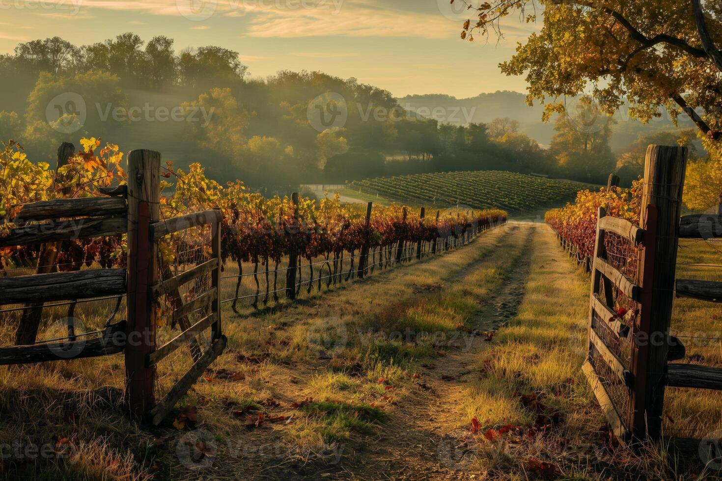 A serene vineyard with a rustic wooden fence and rows of grapevine, capturing the harvests timeless beauty photo