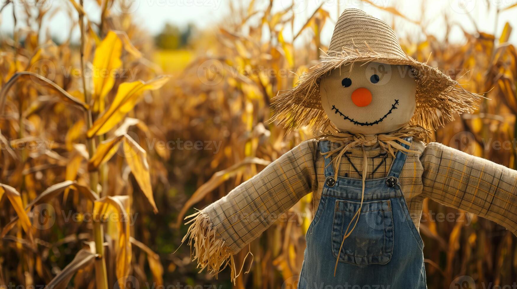 A charming scarecrow in a vibrant autumn cornfield, representing harvest seasons traditional rural life photo