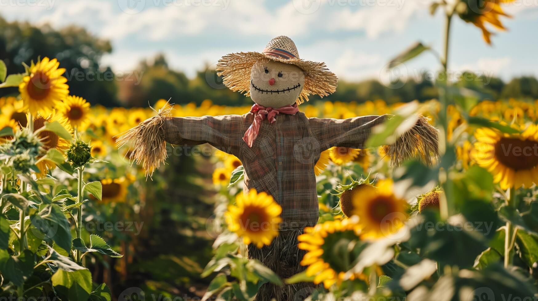 A scarecrow standing tall amidst a sunflower field, embodying traditional harvest season charm and rural life photo