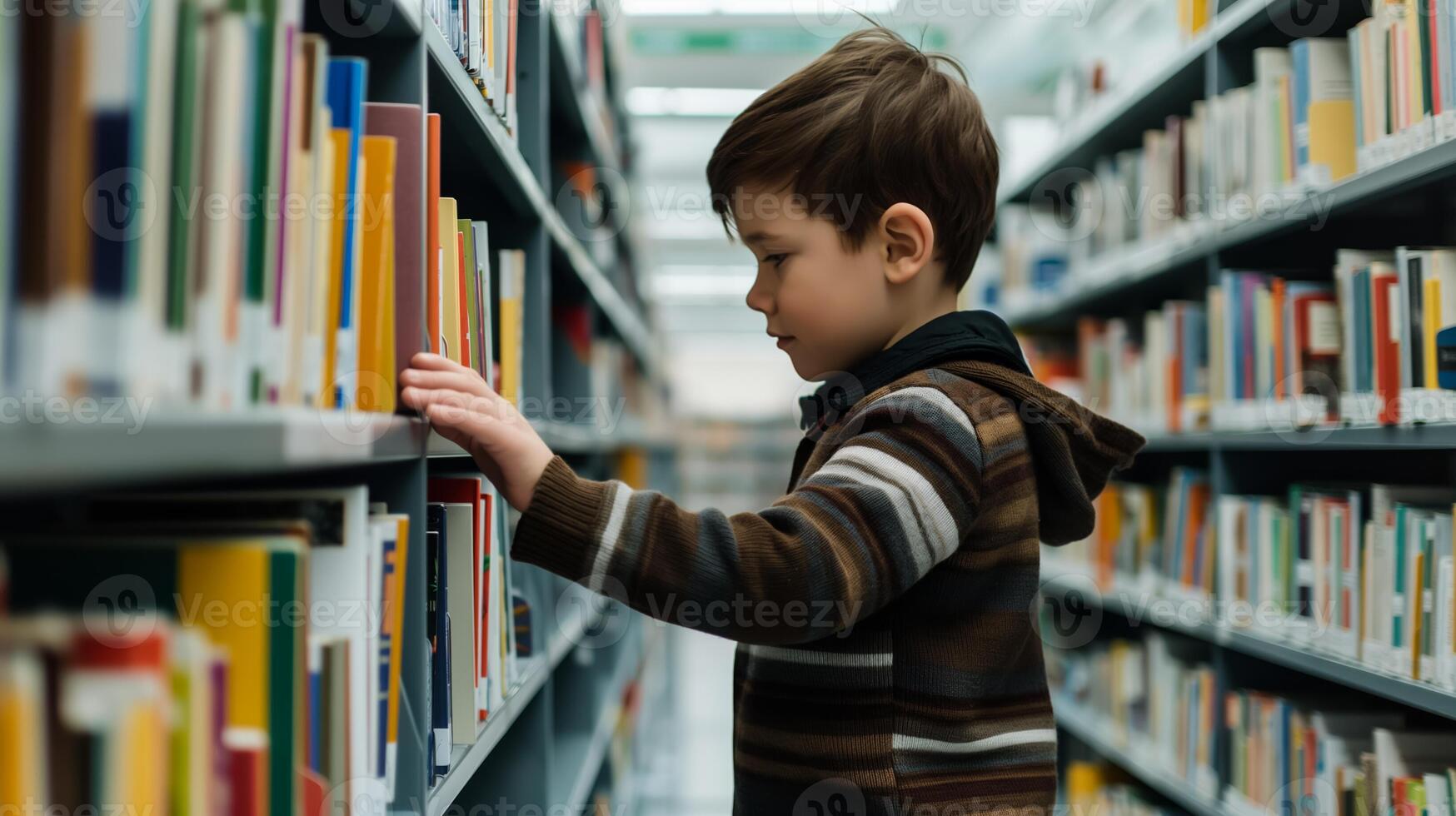 Child exploring books in the library photo
