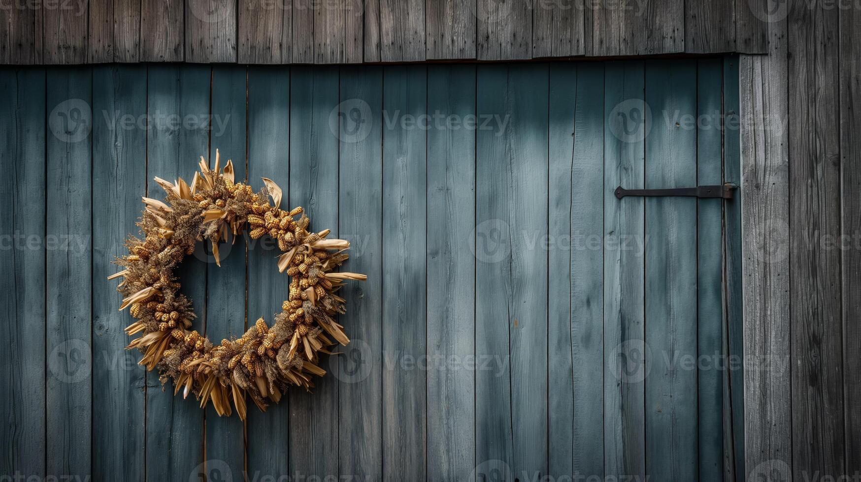 A barn door adorned with a wreath made of dried corncobs, symbolizing the rustic charm of harvest season photo