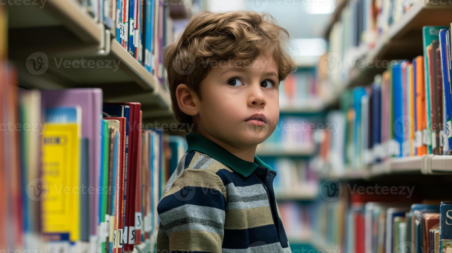 Child exploring books in the library photo