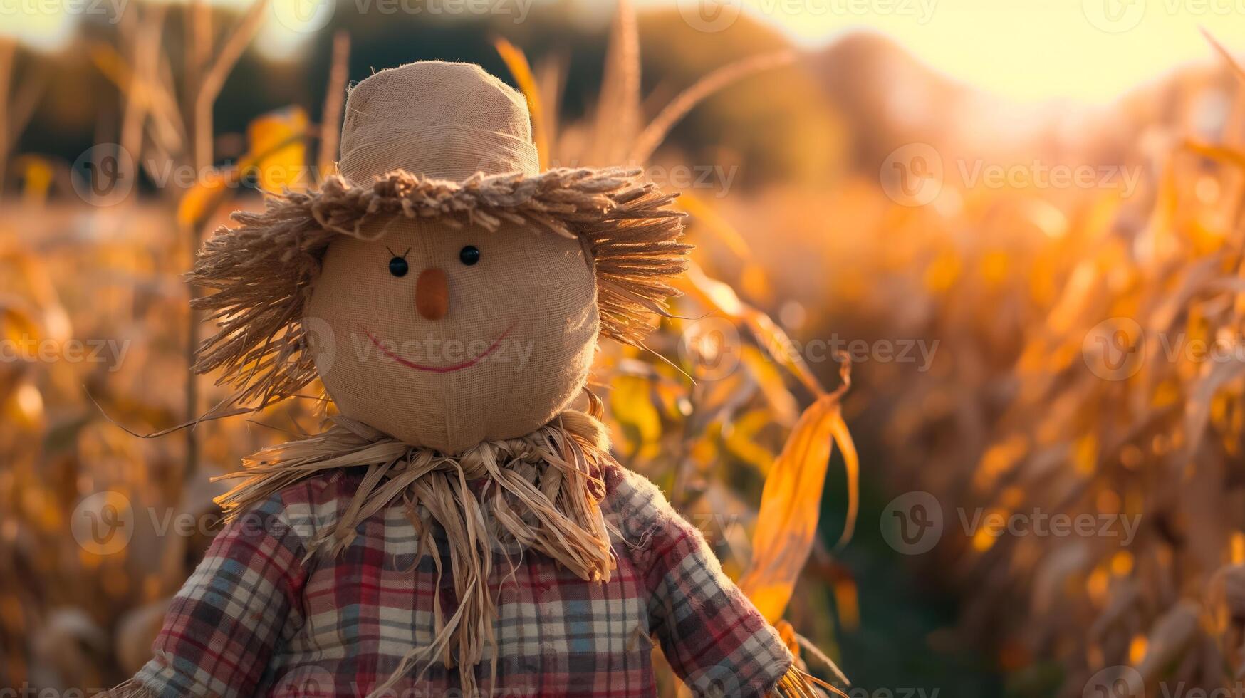 A charming scarecrow in a vibrant autumn cornfield, representing harvest seasons traditional rural life photo