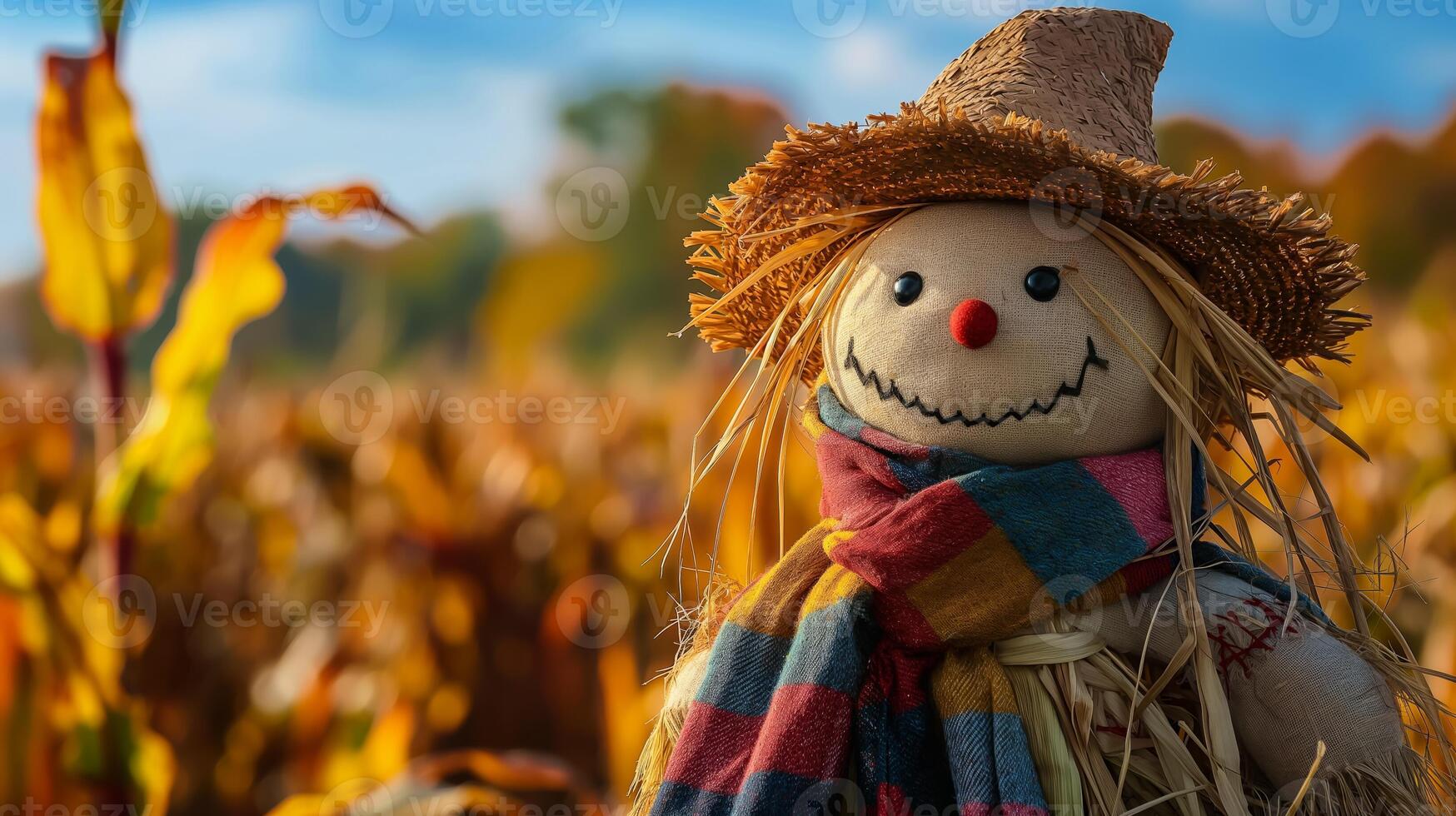 A charming scarecrow in a vibrant autumn cornfield, representing harvest seasons traditional rural life photo