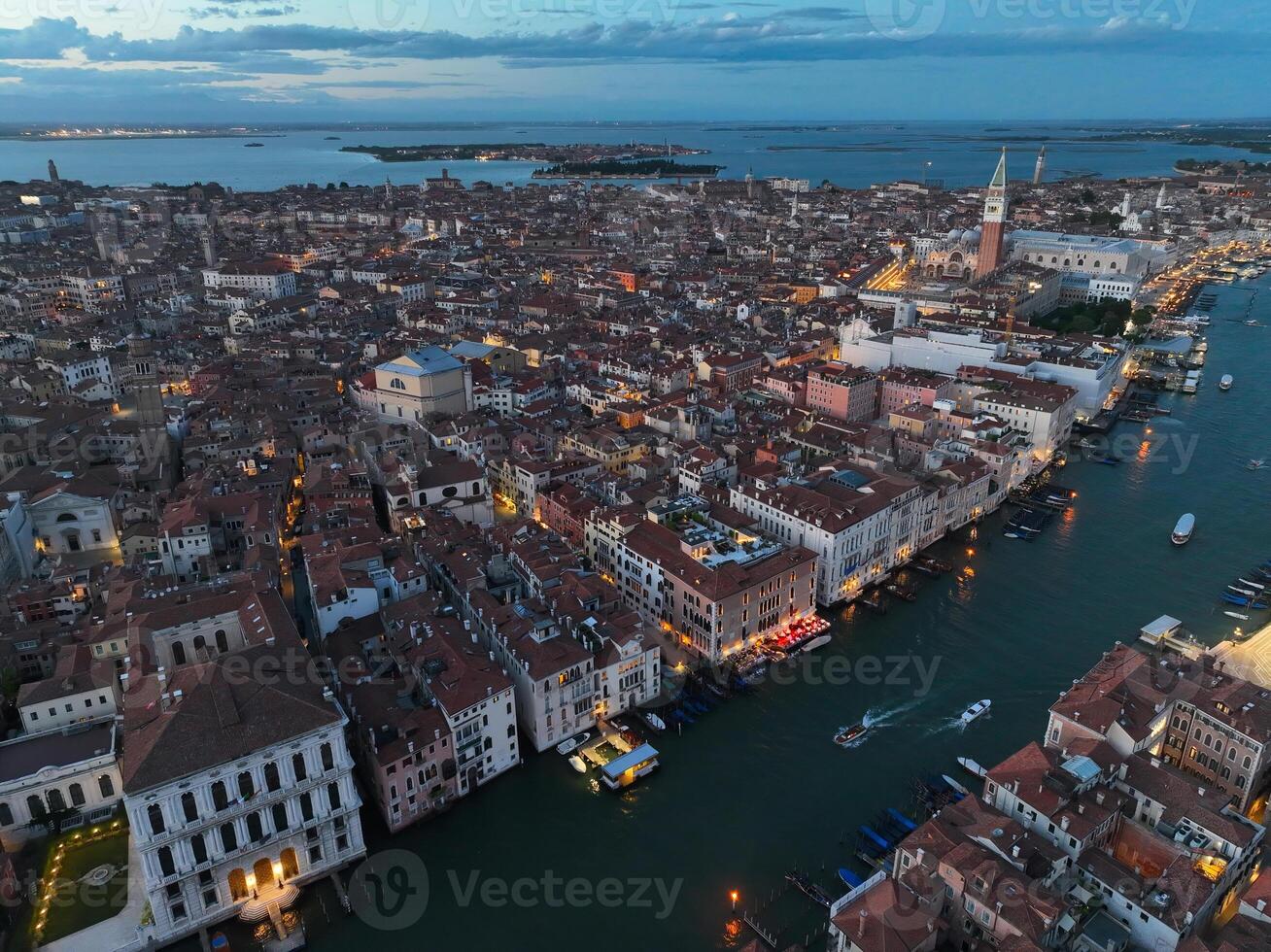 Venice panoramic cityscape landmark at sunset or night, aerial view of Piazza San Marco photo