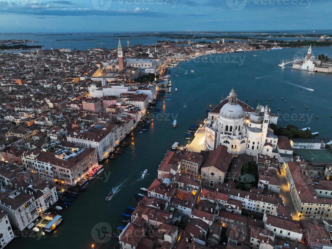 Venice panoramic cityscape landmark at sunset or night, aerial view of Piazza San Marco photo