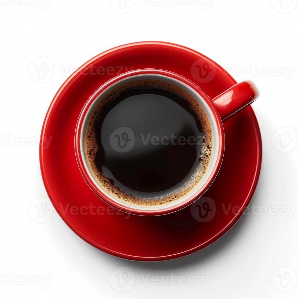 Overhead view of a fresh cup of coffee in a vibrant red mug on a white background, symbolizing a summer mornings energizing start photo