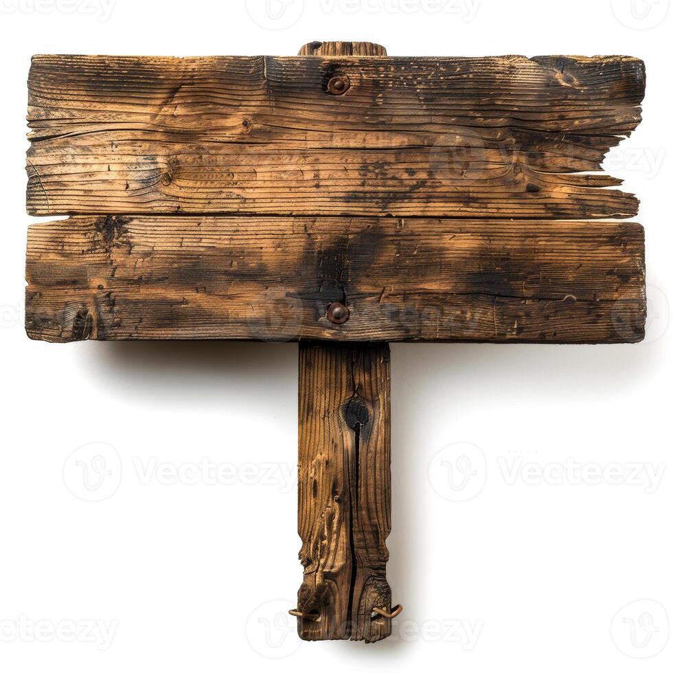 Old rustic wooden signboard isolated on white background, ideal for summer camp and adventure trail concepts photo