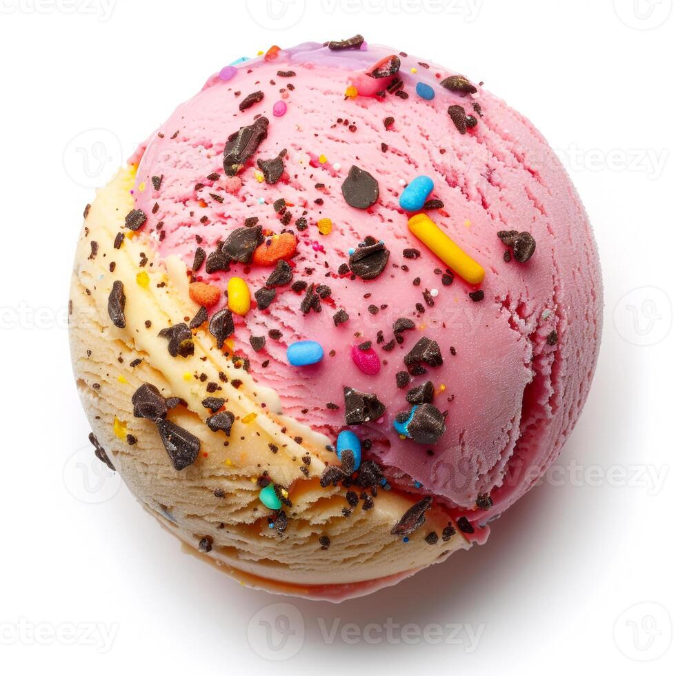 Scoops of strawberry and vanilla ice cream with sprinkles isolated on white, ideal for summer treats and National Ice Cream Day celebrations photo