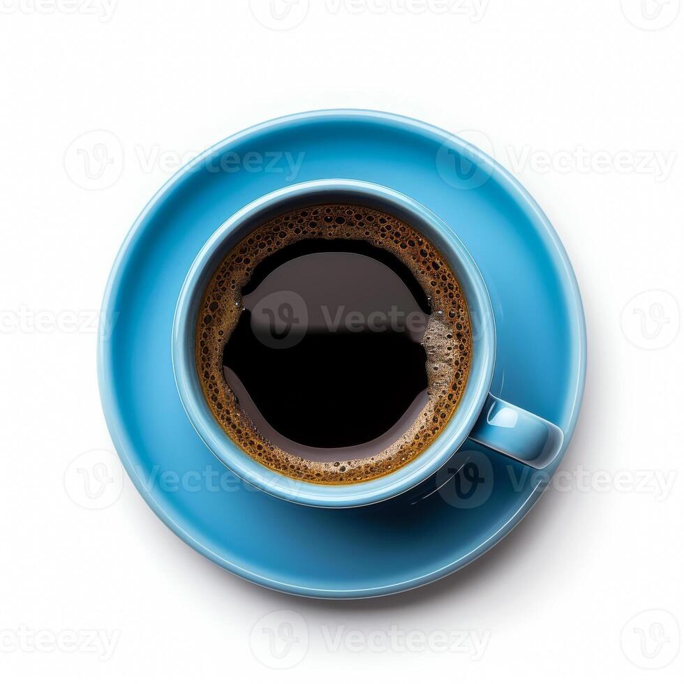 Top view of a freshly brewed coffee in a vibrant blue cup on a white background, evoking a refreshing summer morning routine photo
