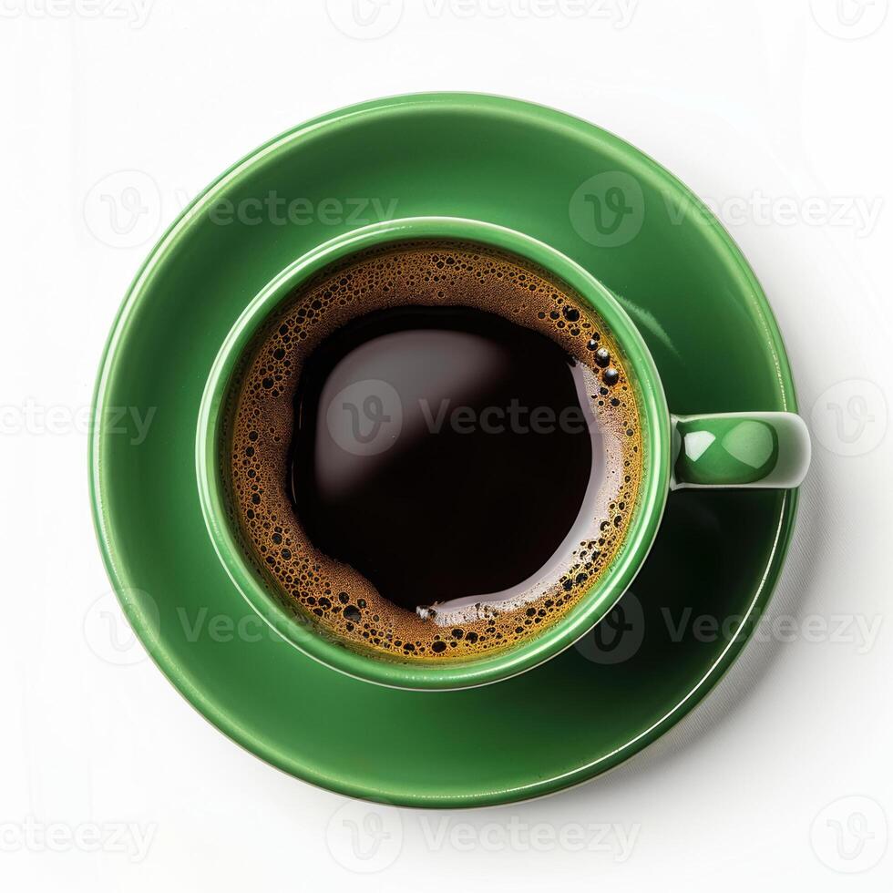 Top view of a freshly brewed cup of coffee in a green mug on a saucer, perfect for summer mornings and International Coffee Day promotion photo