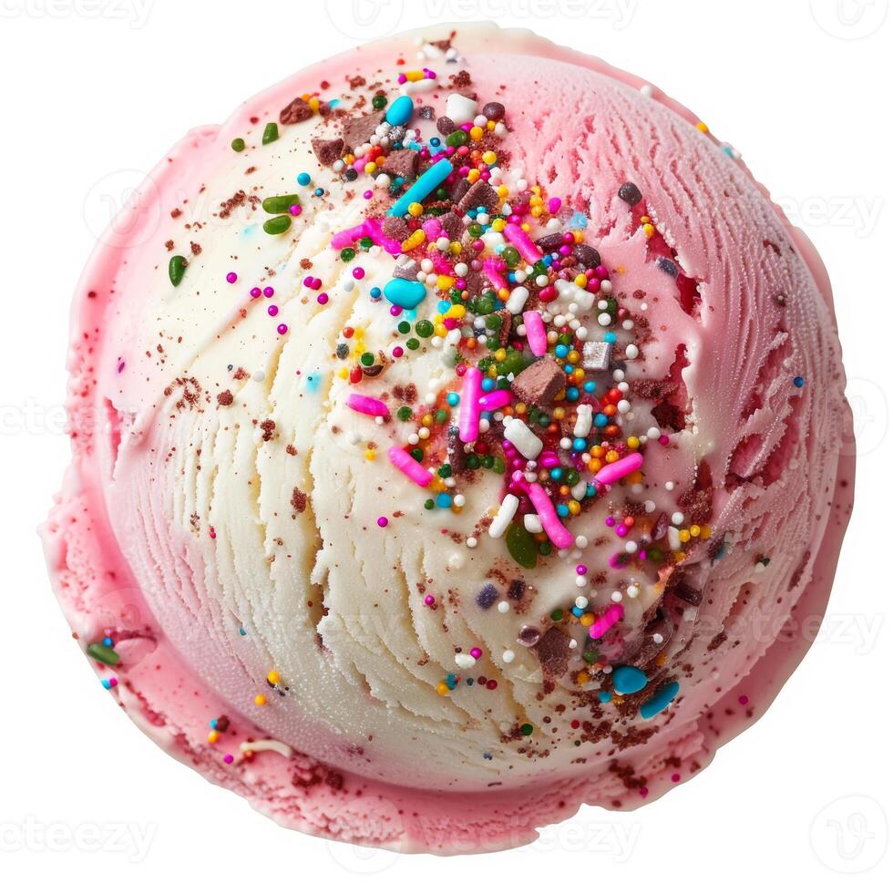 Top view of a scoop of strawberry and vanilla ice cream with colorful sprinkles isolated on white, perfect for summer treats and dessert concepts photo