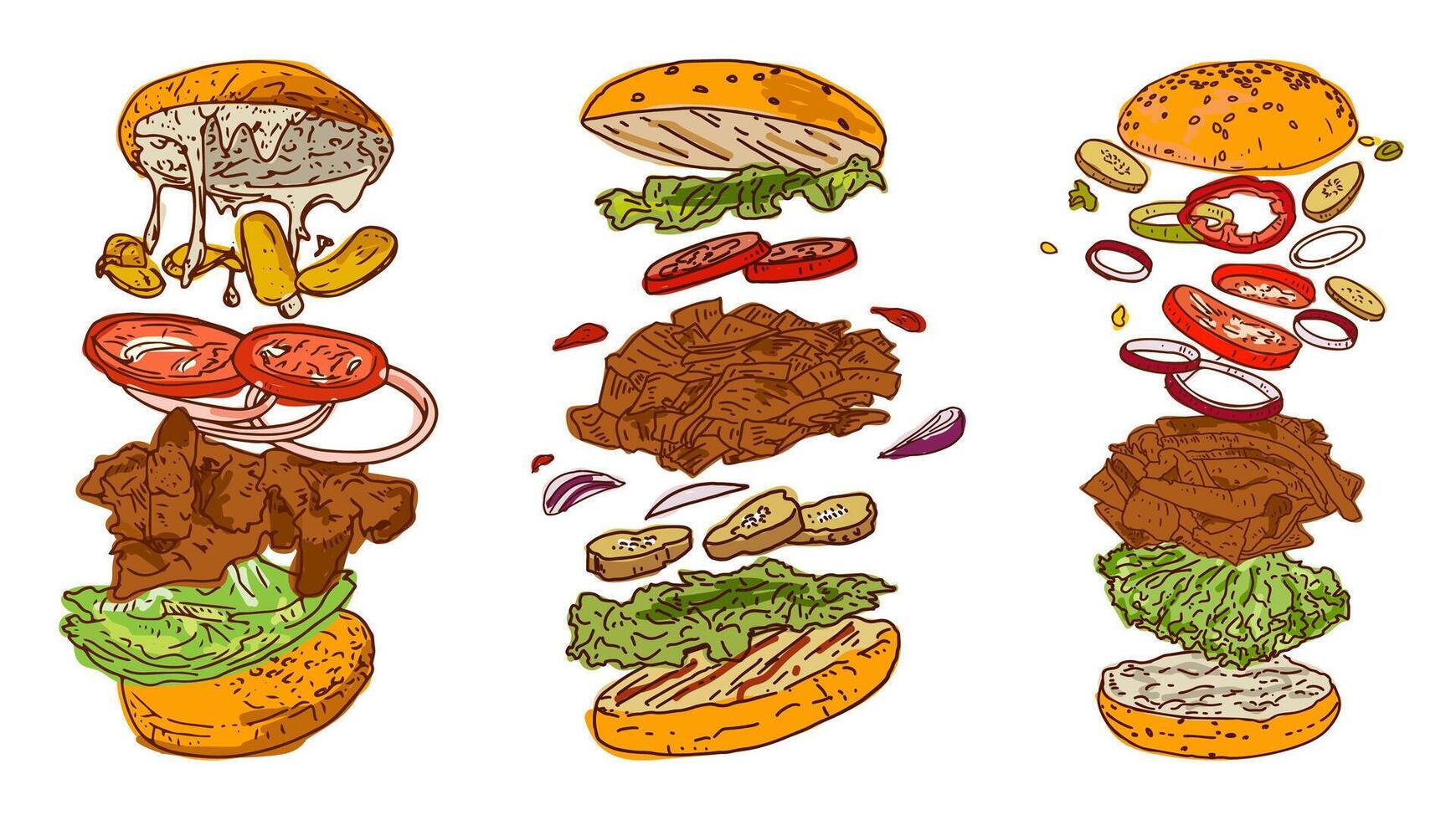 Doner kebab hand drawn. Fast food menu design elements. Restaurant cafe menu, template design. vector