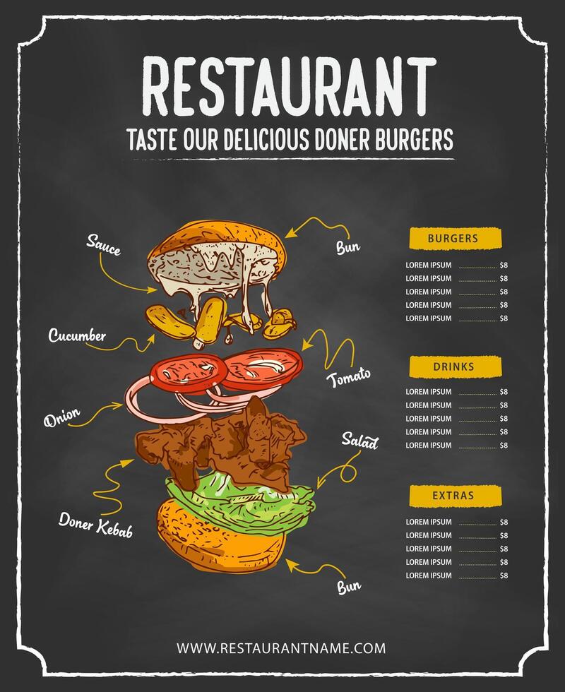 Doner burger menu. Hand drawn illustration. Restaurant cafe poster, template design. vector