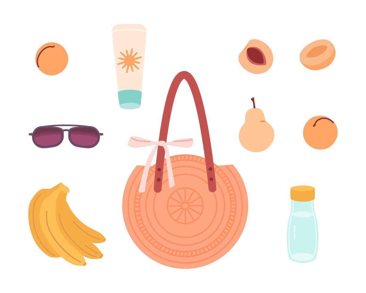 Contents of the summer bag. Set items with bottle of water fruits sunscreen and glasses.Flat illustration vector