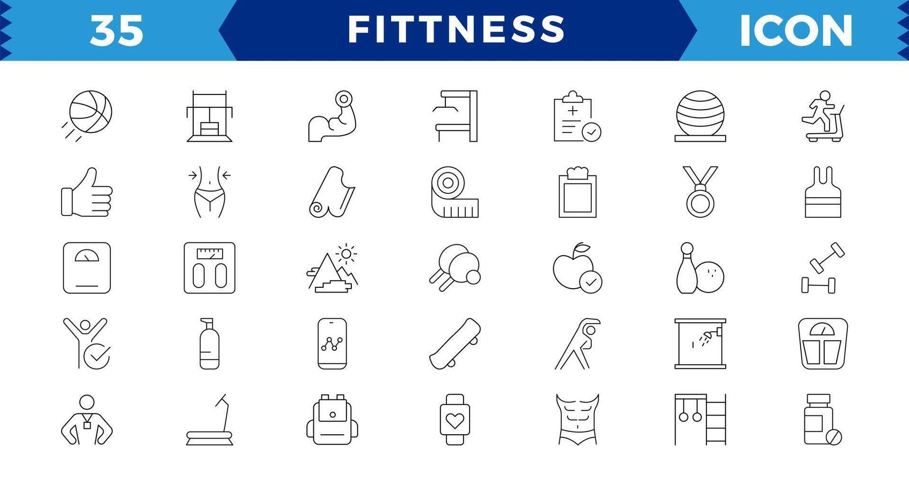 Web Set of Fittness Thin Line Icons.Sport, gym and fitness line icons set. Contains such Icons as Healthy Lifestyle, Weight Training, Body care and more. vector