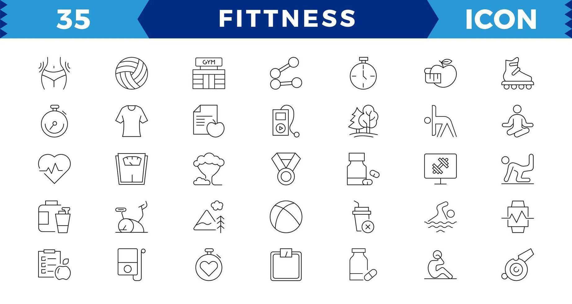 Web Set of Fittness Thin Line Icons.Sport, gym and fitness line icons set. Contains such Icons as Healthy Lifestyle, Weight Training, Body care and more. vector