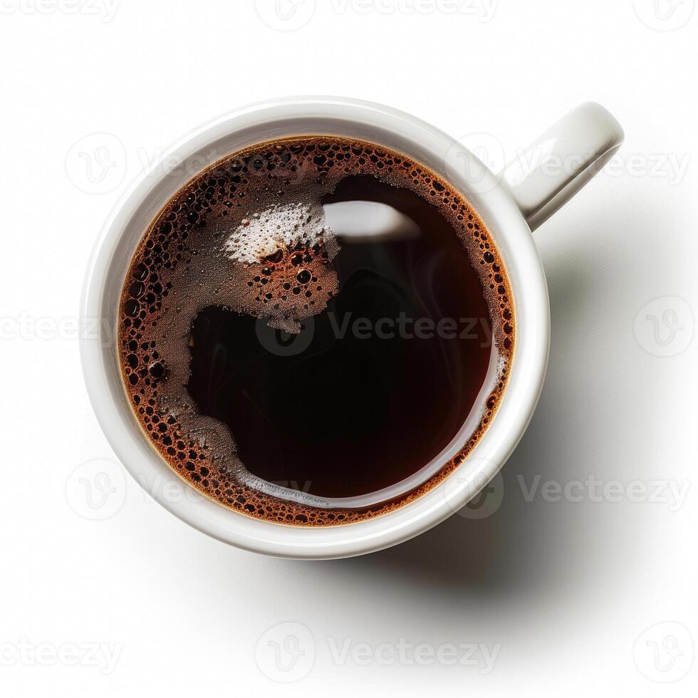 Top view of a freshly brewed cup of coffee on a white background, ideal for concepts like summer morning routines or international coffee day photo