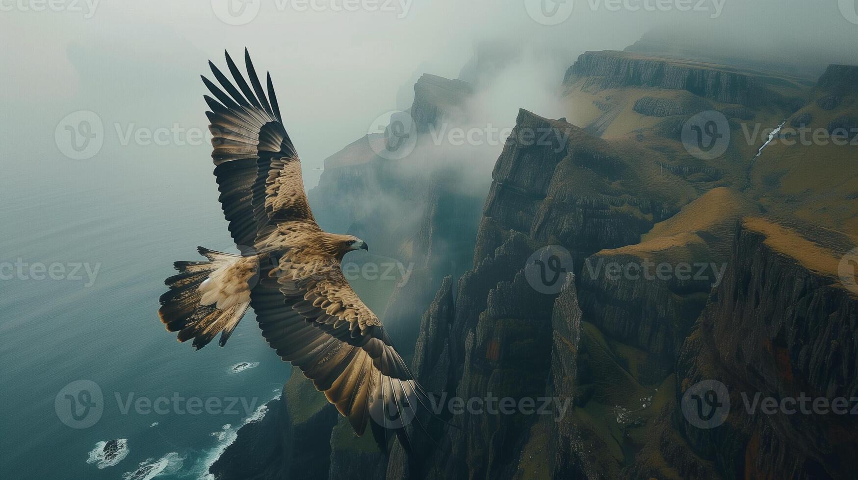 Majestic eagle soaring high above mountain peaks, wings fully spread photo