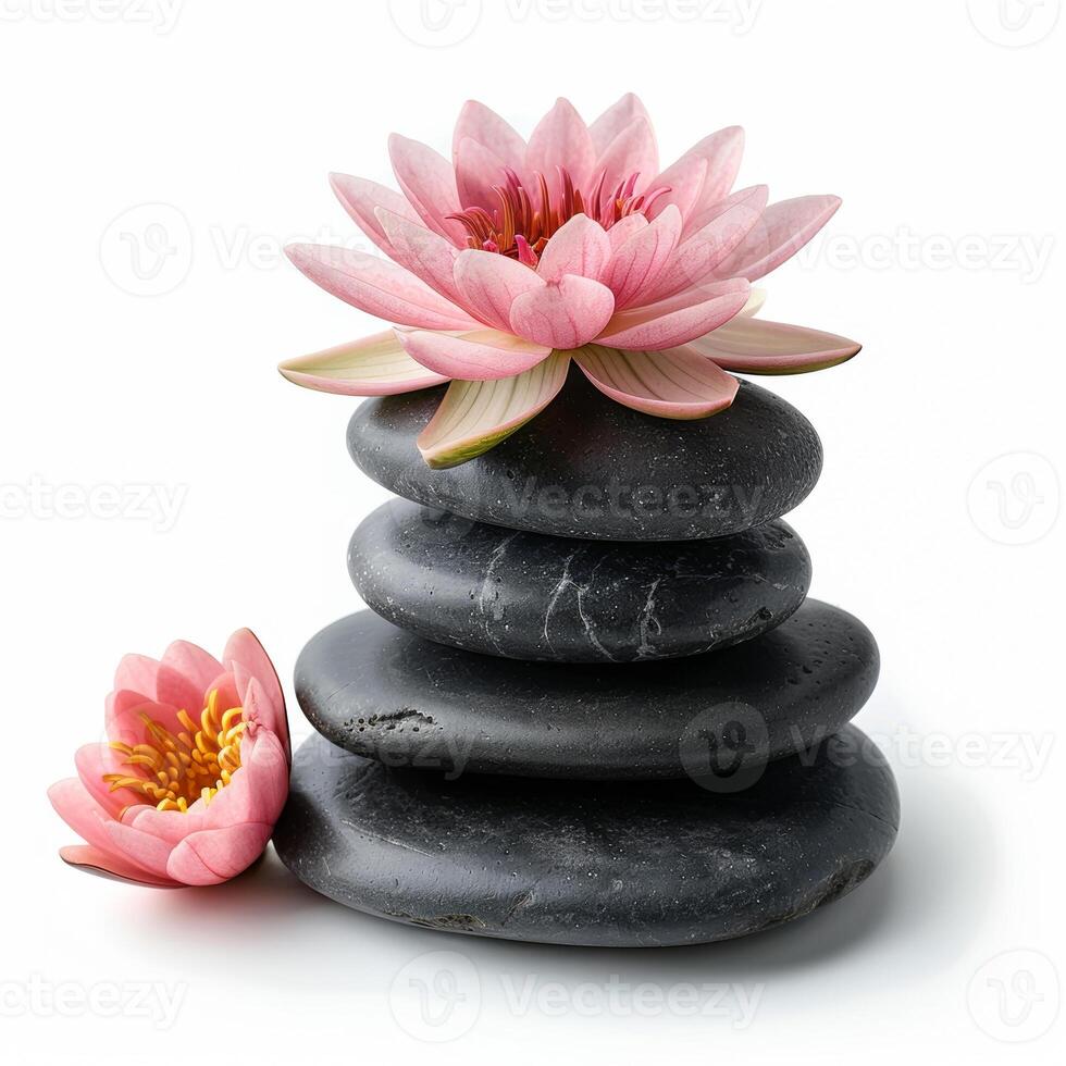 Stacked smooth black stones with vibrant pink lotus flowers on a white background, symbolizing summer zen and tranquility in spa and wellness concepts photo