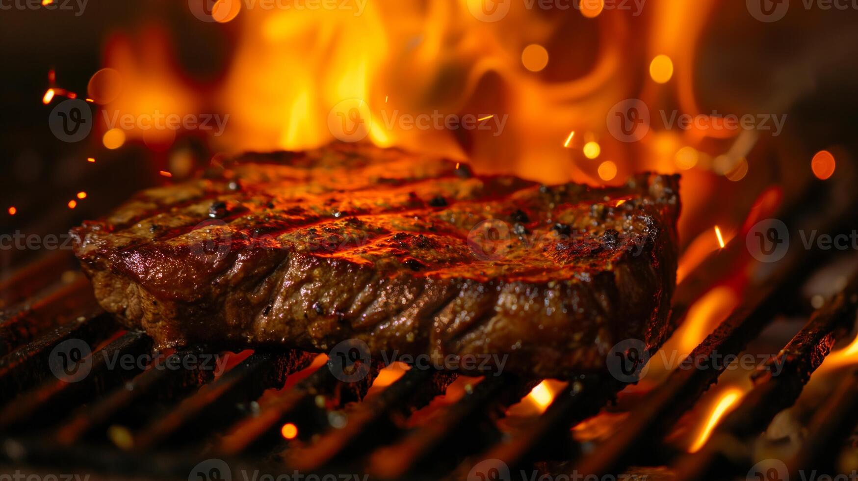 Juicy steaks sizzling on a grill, perfect for summer barbecues, cookouts, and celebrations like Independence Day or Labor Day photo