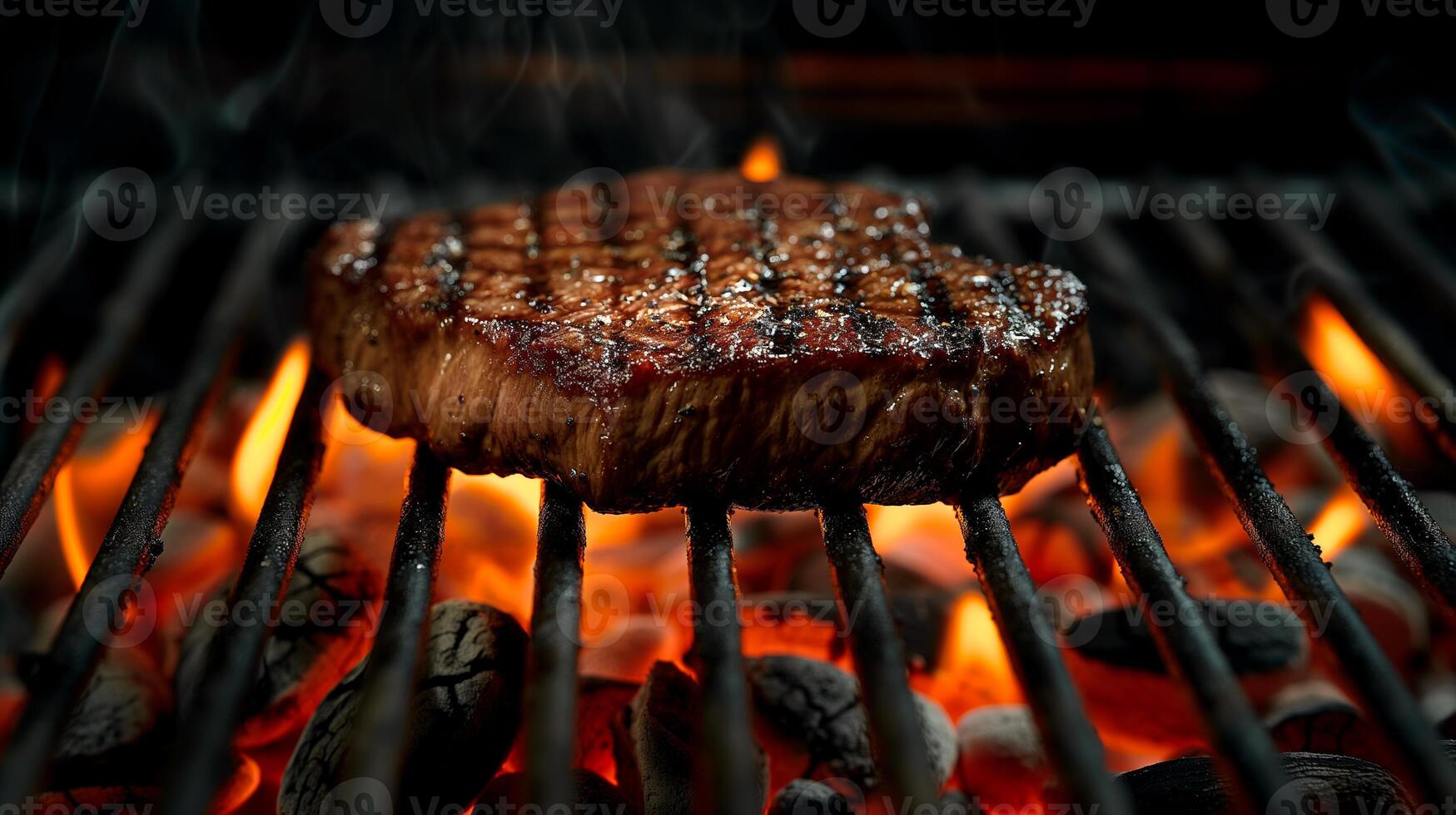 Juicy steaks sizzling on a grill, perfect for summer barbecues, cookouts, and celebrations like Independence Day or Labor Day photo