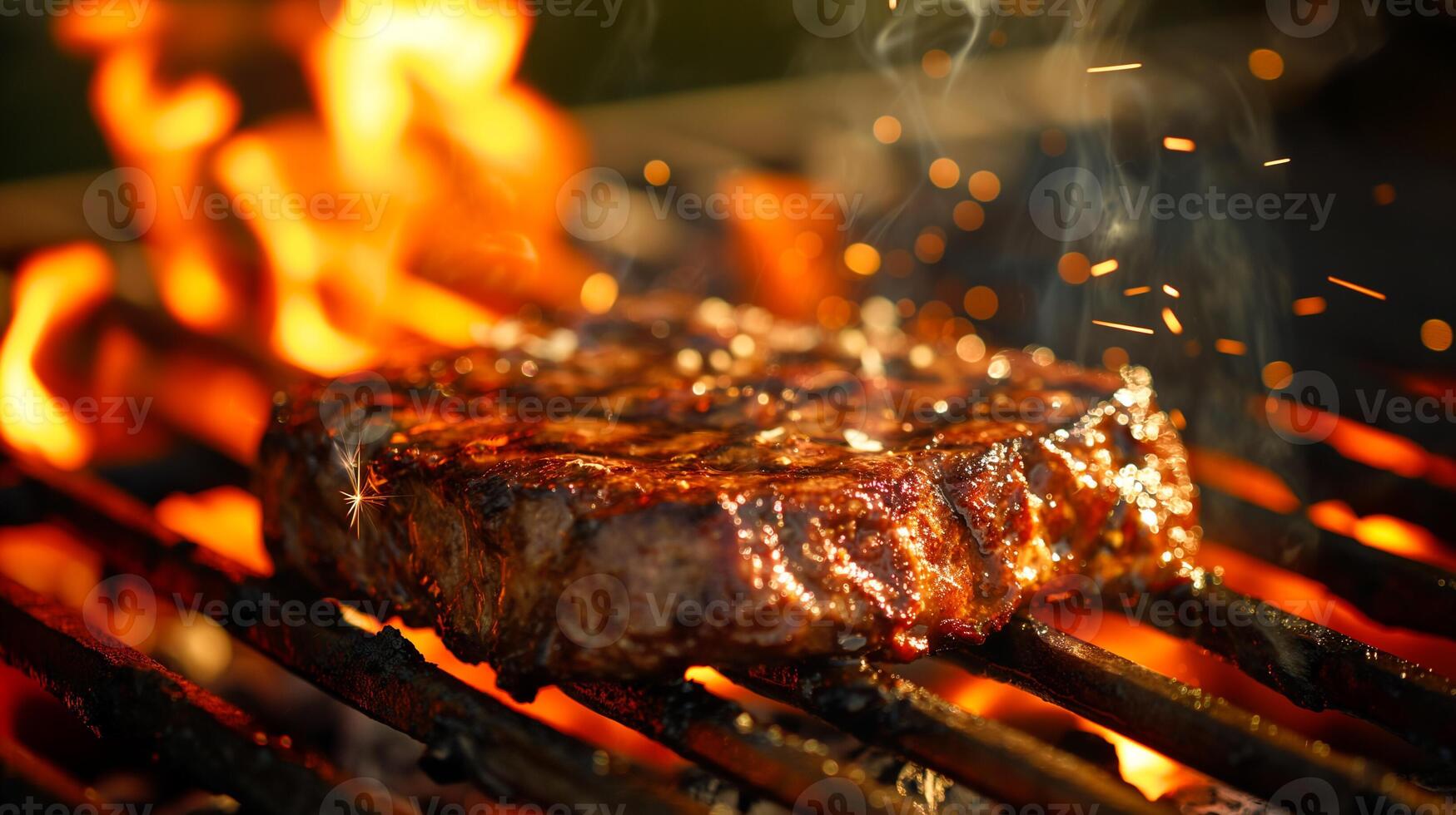 Juicy steaks sizzling on a grill, perfect for summer barbecues, cookouts, and celebrations like Independence Day or Labor Day photo