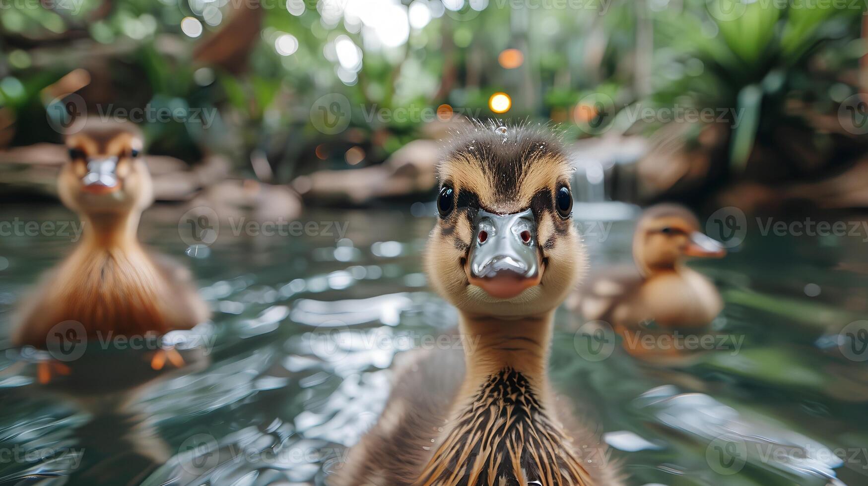 Cute duckling by the pond, outdoors in nature, with yellow feathers and a small beak, enjoying a sunny day photo