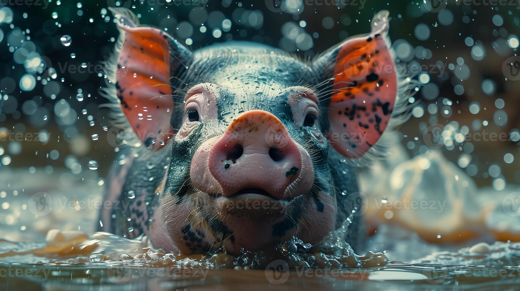 Cute piglet swimming happily in a clear pond, its snout peeking above the water, under the blue sky, amidst natures beauty photo