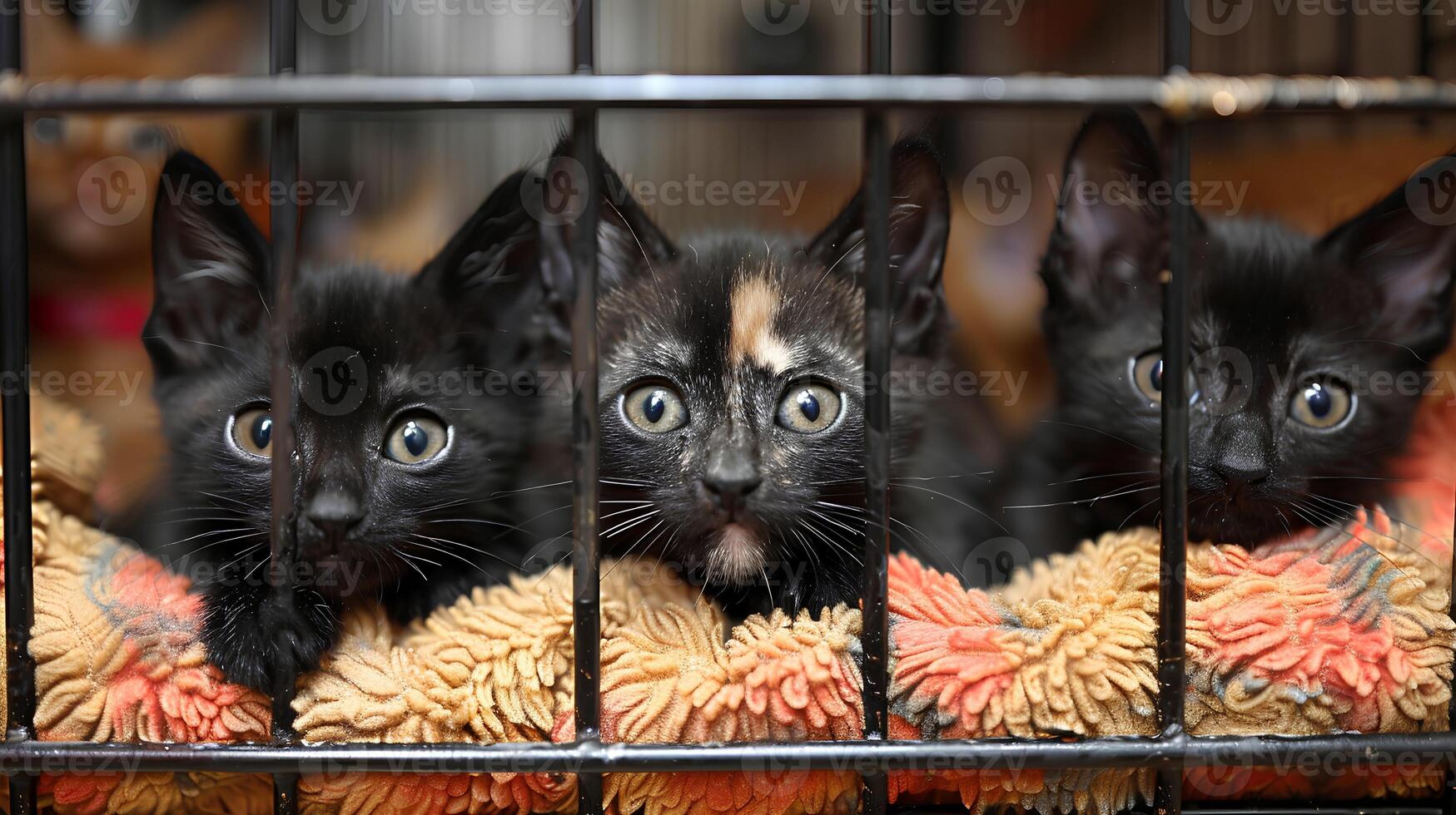 Cute kitten with striking yellow eyes sits in a cage, its fluffy fur and playful demeanor captured in a close up portrait photo