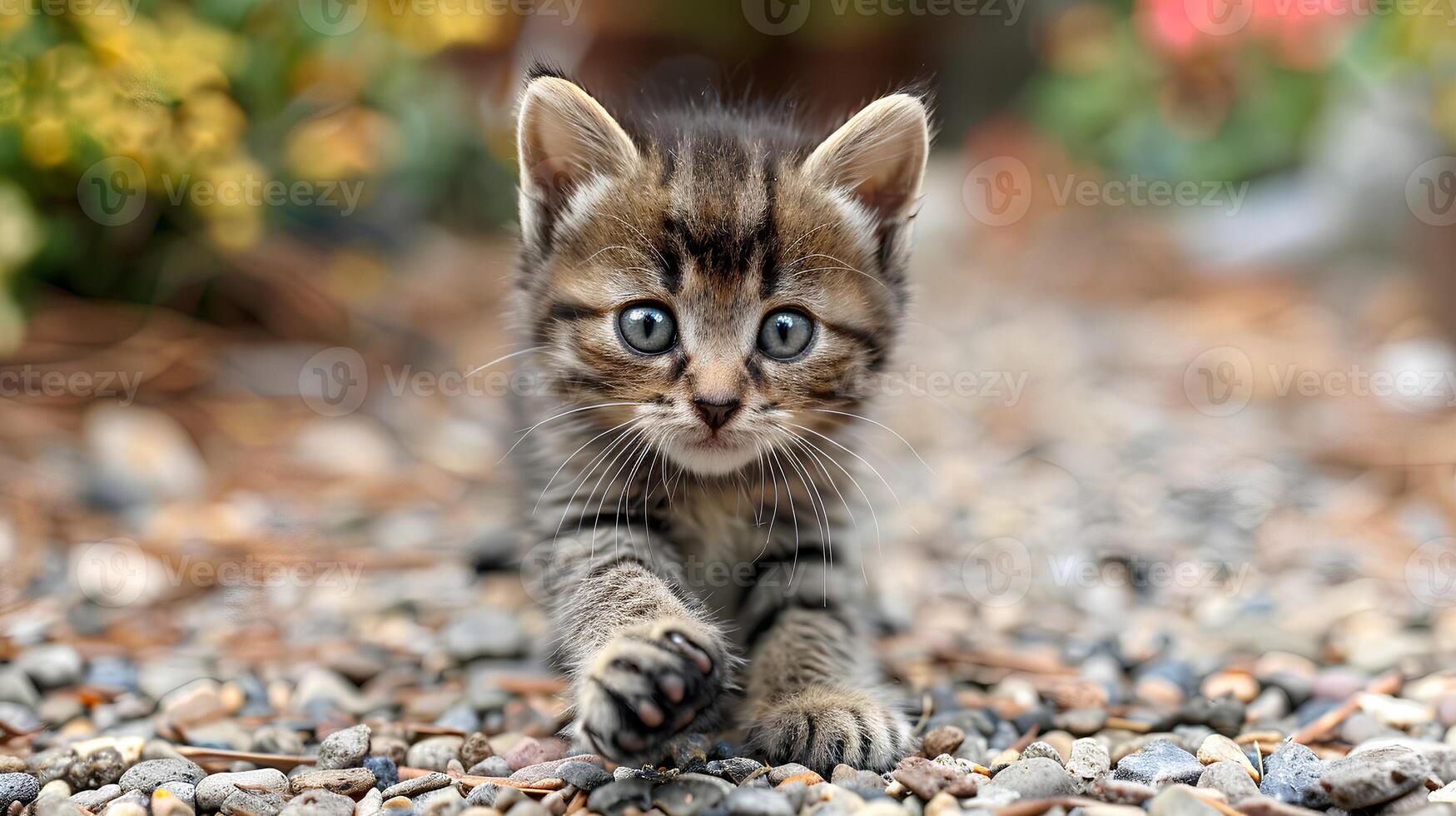 Charming kitten with bright yellow eyes explores the grass, its playful demeanor captured in a close up outdoor portrait photo