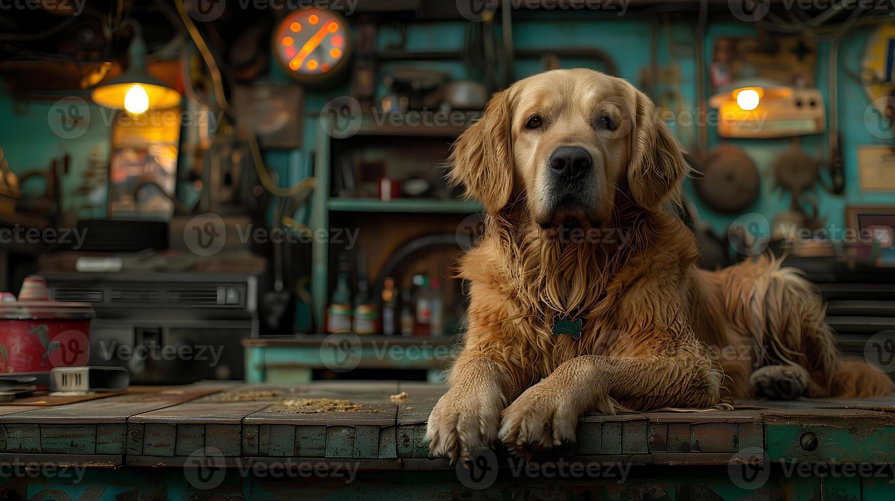 Cute golden retriever sits indoors, looking at the camera with a friendly smile, on a wooden table in a workshop photo
