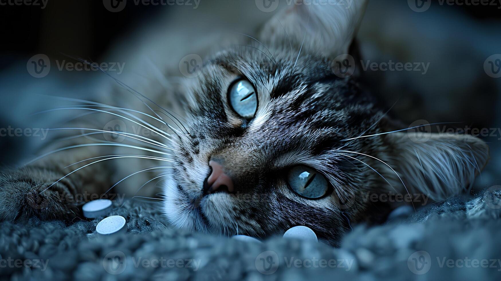 Cute domestic cat with mesmerizing blue eyes, whiskers twitching, lounging comfortably indoors, inviting cuddles and admiration photo