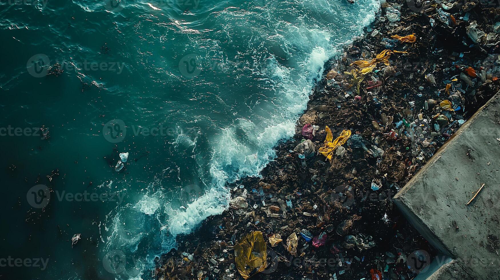 Aerial view of a polluted coastline, garbage litters the water, threatening marine life and ecosystems photo
