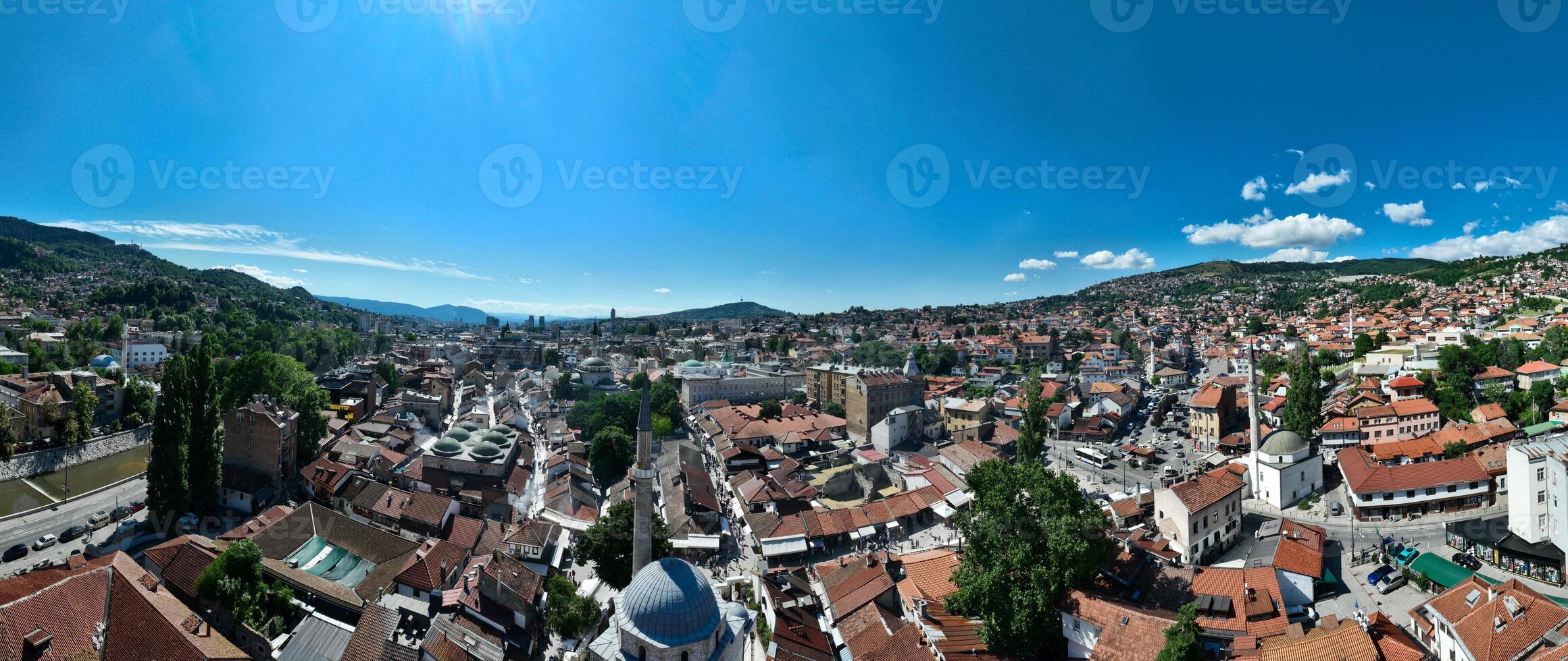 National library of Sarajevo, aerial drone view of the historical old town hall photo