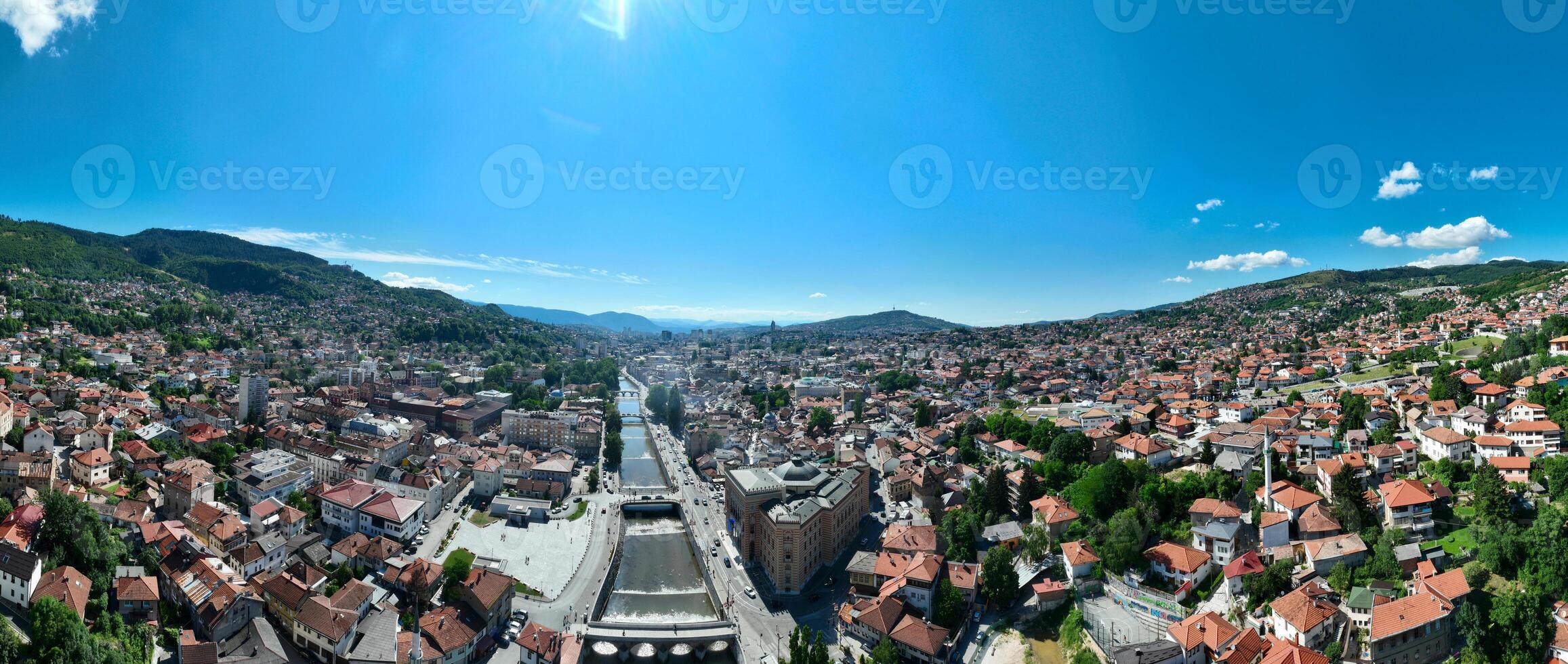 National library of Sarajevo, aerial drone view of the historical old town hall photo