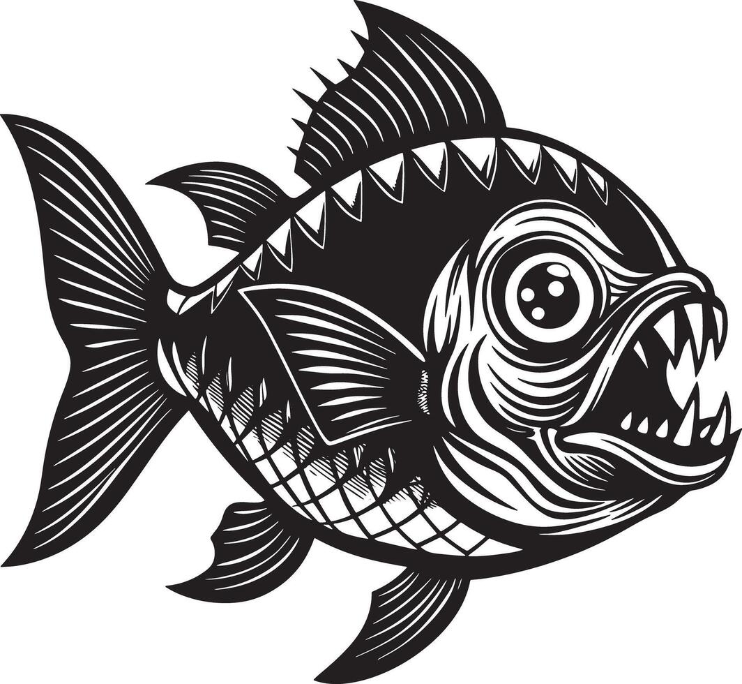 illustration of a piranha fish black and white vector