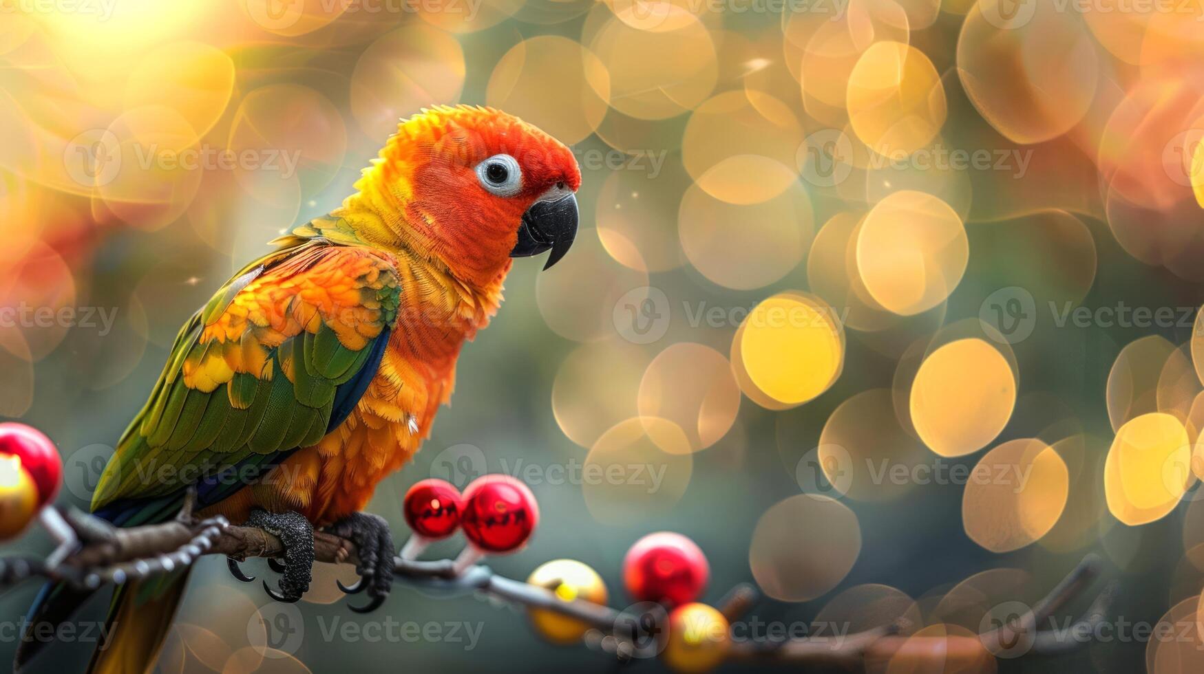Vibrant parrot with colorful feathers perched on a branch with festive ornaments. Concept of exotic bird, nature, wildlife, tropical decoration photo