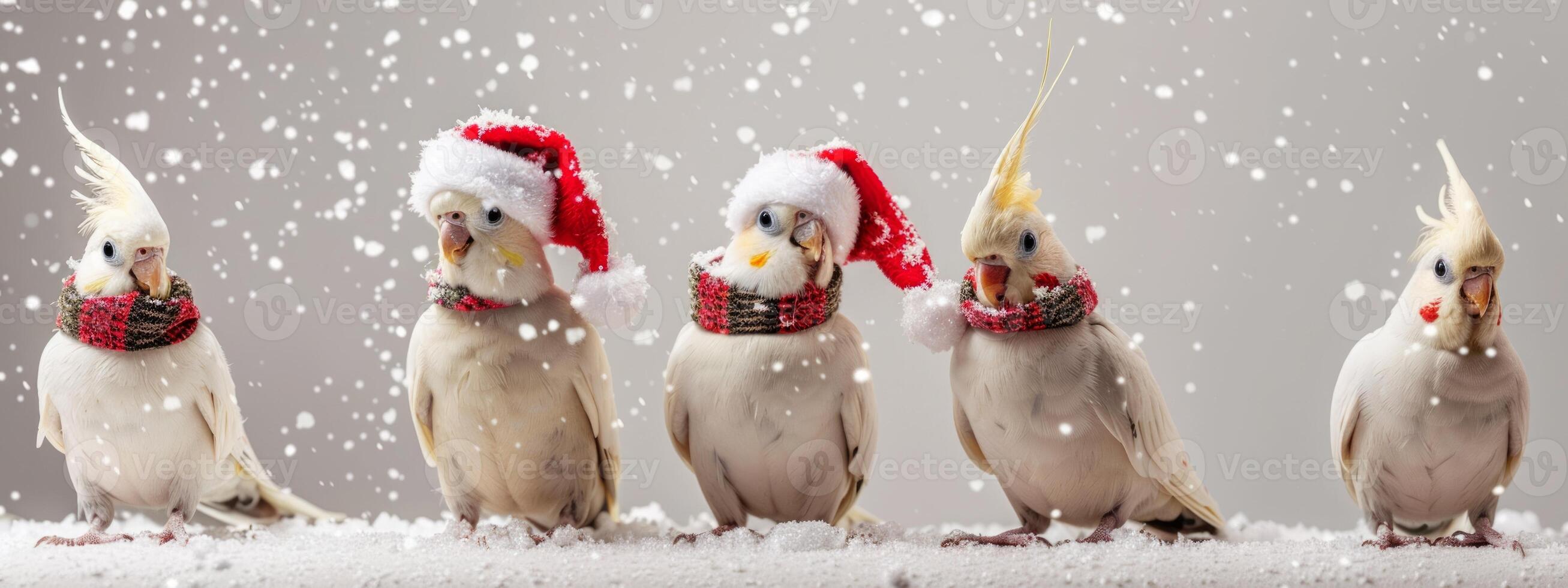 Five cockatiels wearing Santa hats and scarves in the snow. Concept of Christmas, holiday, festive, birds photo