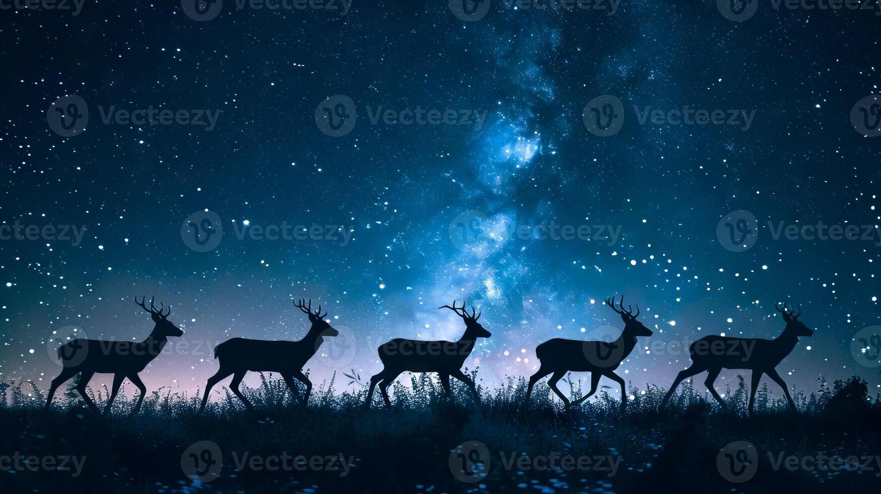Silhouette of Three Deers at Night with Snowfall and Starry Sky. Concept of Nature, Wildlife, Winter, Night Scenery photo