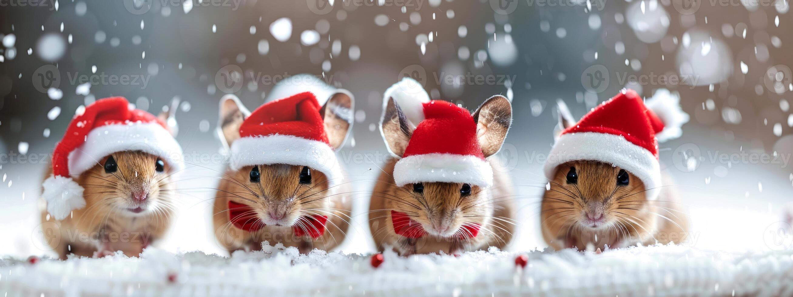 Mice wearing Santa hats and bow ties in the snow. Concept of Christmas, holiday, festive, cute photo