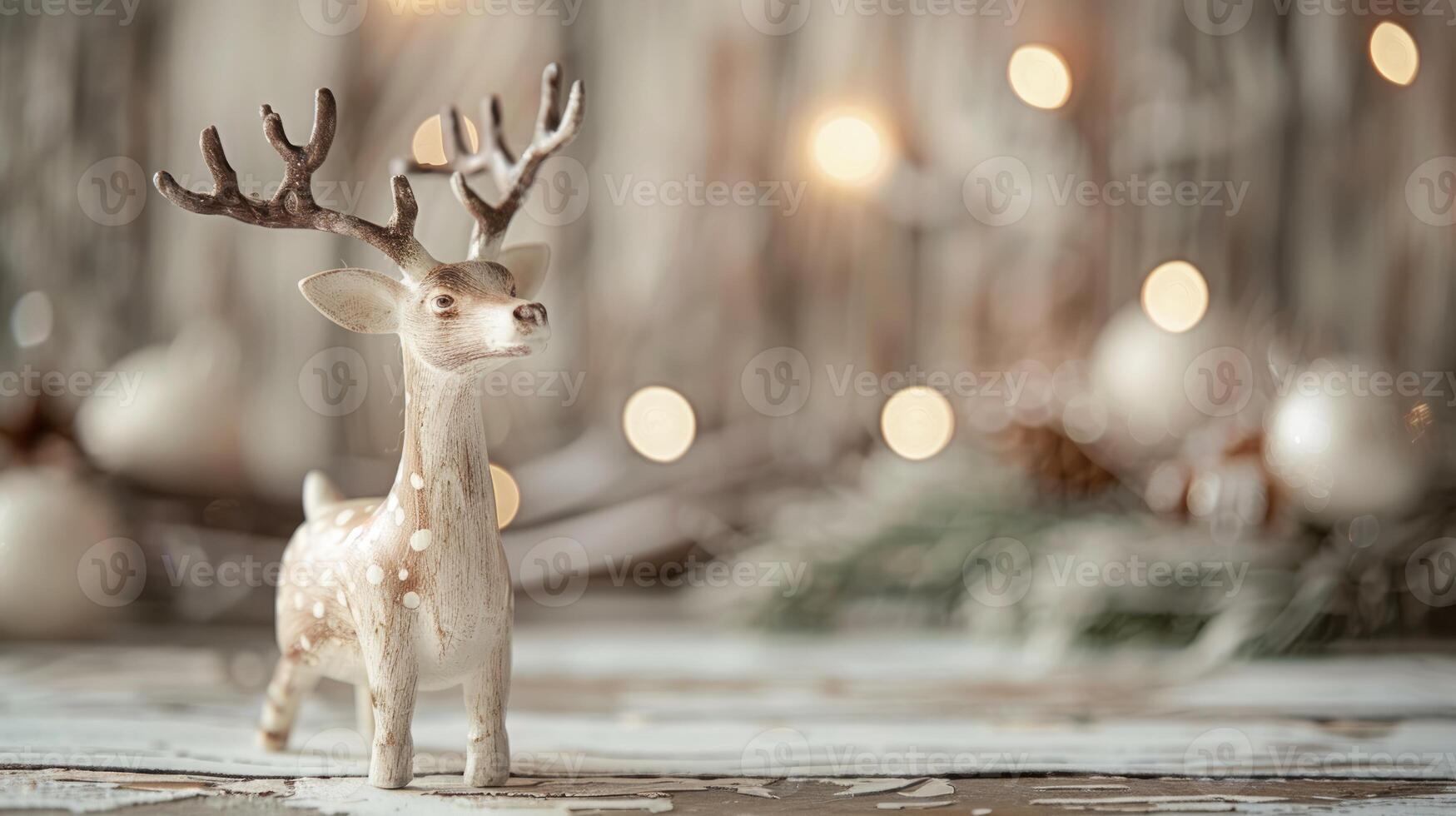 Festive reindeer figurine with pine cones and ornaments on a wooden table. Concept of holiday decor, Christmas, winter celebration, seasonal decorations photo