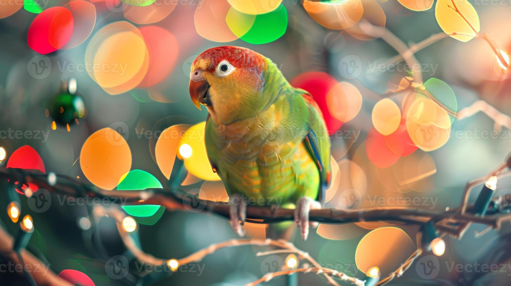 Vibrant parrot with colorful feathers perched on a branch with festive ornaments. Concept of exotic bird, nature, wildlife, tropical decoration photo