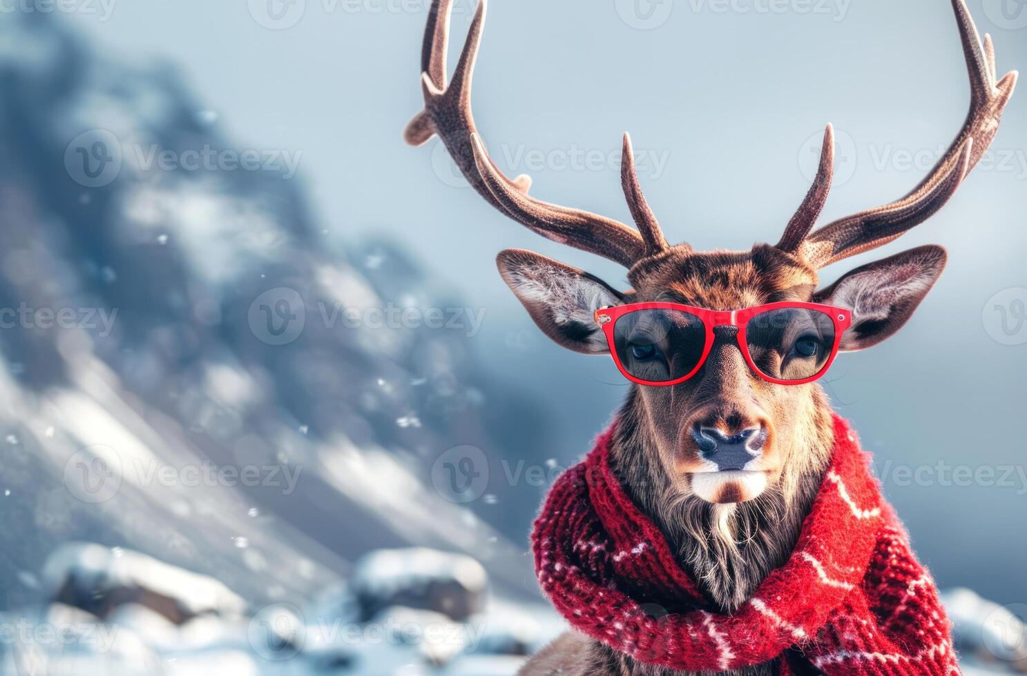 Reindeer wearing sunglasses and scarf in a snowy mountain landscape. Concept of winter holidays, Christmas season, festive reindeer, winter fashion. Funny animal photo